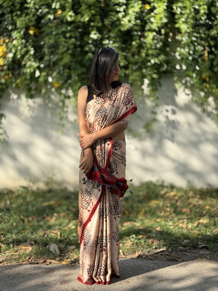 BEIGE-MAROON MODAL SILK AJRAKH BLOCK PRINT SARI