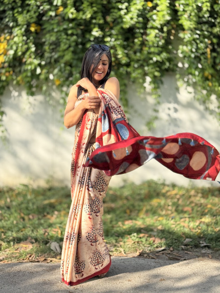 BEIGE-MAROON MODAL SILK AJRAKH BLOCK PRINT SARI