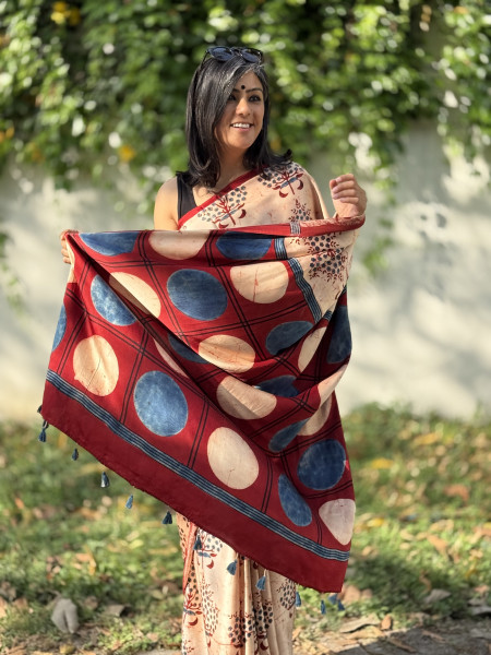 BEIGE-MAROON MODAL SILK AJRAKH BLOCK PRINT SARI