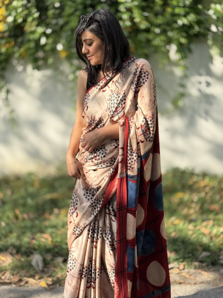 BEIGE-MAROON MODAL SILK AJRAKH BLOCK PRINT SARI
