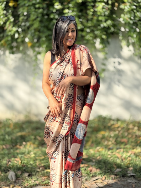 BEIGE-MAROON MODAL SILK AJRAKH BLOCK PRINT SARI