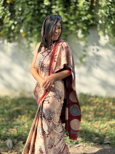 BEIGE-MAROON MODAL SILK AJRAKH BLOCK PRINT SARI