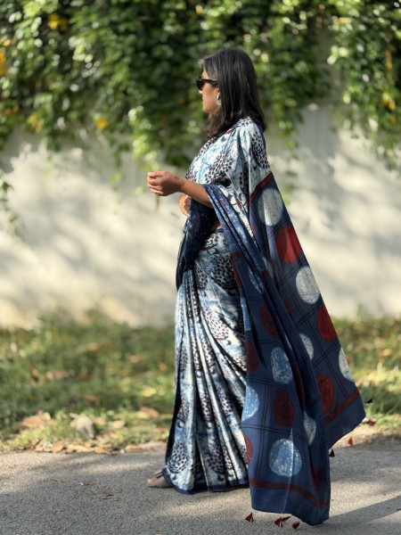 INDIGO MODAL SILK AJRAKH BLOCK PRINT SARI