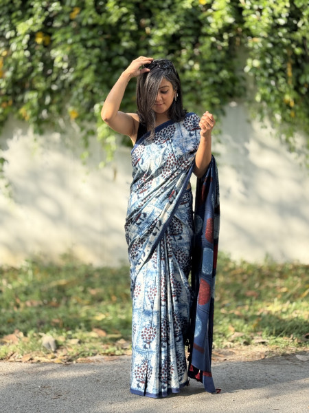 INDIGO MODAL SILK AJRAKH BLOCK PRINT SARI
