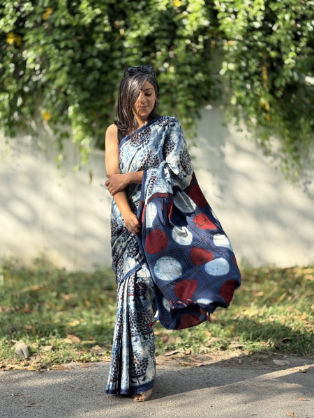 INDIGO MODAL SILK AJRAKH BLOCK PRINT SARI