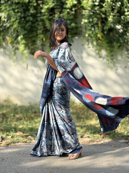INDIGO MODAL SILK AJRAKH BLOCK PRINT SARI