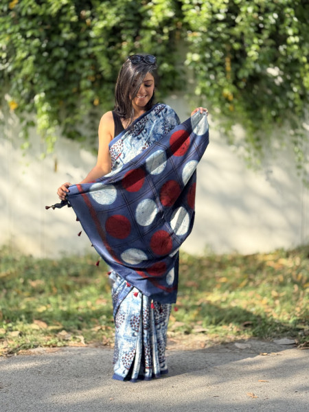 INDIGO MODAL SILK AJRAKH BLOCK PRINT SARI