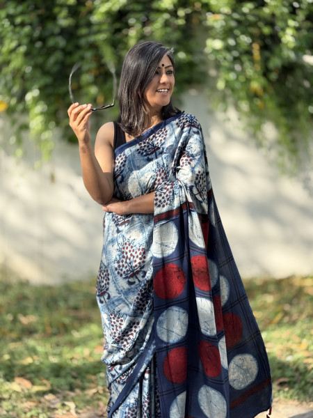 INDIGO MODAL SILK AJRAKH BLOCK PRINT SARI