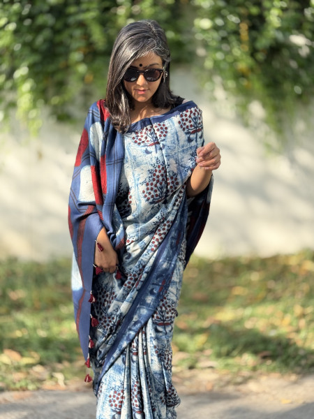 INDIGO MODAL SILK AJRAKH BLOCK PRINT SARI