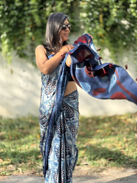 INDIGO MODAL SILK AJRAKH BLOCK PRINT SARI