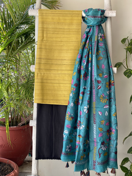MUSTARD & AQUA SILK KANTHA EMBROIDERED dupatta  SET
