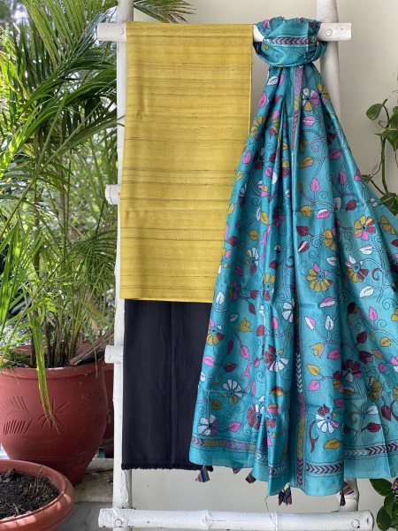 MUSTARD & AQUA SILK KANTHA EMBROIDERED dupatta  SET