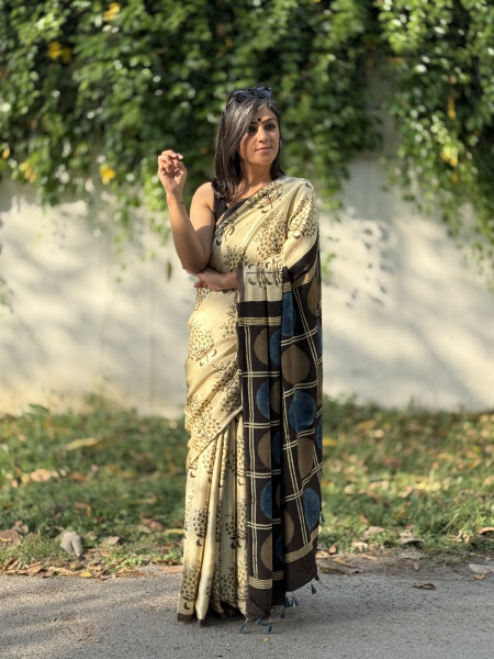 IVORY-BLACK MODAL SILK AJRAKH BLOCK PRINT SARI