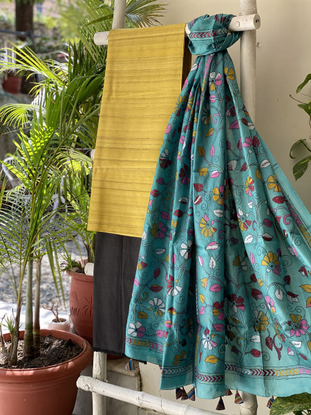 MUSTARD & AQUA SILK KANTHA EMBROIDERED dupatta  SET