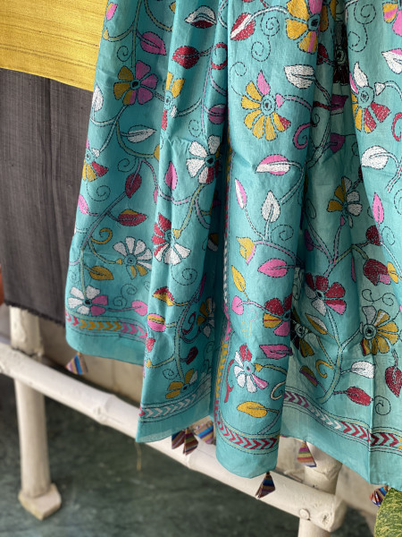 MUSTARD & AQUA SILK KANTHA EMBROIDERED dupatta  SET