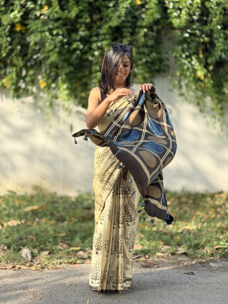 IVORY-BLACK MODAL SILK AJRAKH BLOCK PRINT SARI