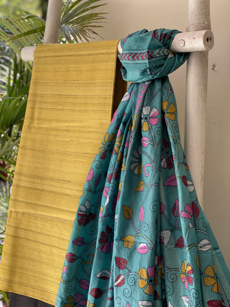 MUSTARD & AQUA SILK KANTHA EMBROIDERED dupatta  SET