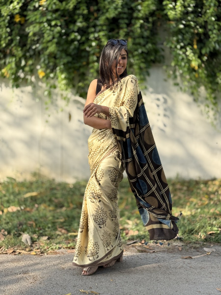 IVORY-BLACK MODAL SILK AJRAKH BLOCK PRINT SARI
