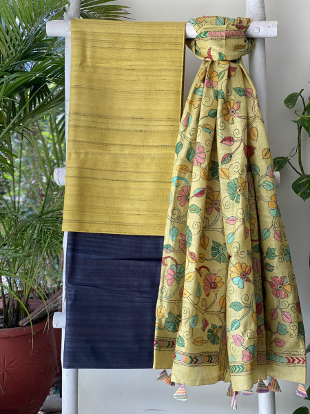 MUSTARD & YELLOW SILK KANTHA EMBROIDERED dupatta  SET