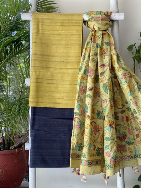 MUSTARD & YELLOW SILK KANTHA EMBROIDERED dupatta  SET
