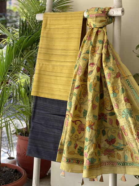 MUSTARD & YELLOW SILK KANTHA EMBROIDERED dupatta  SET