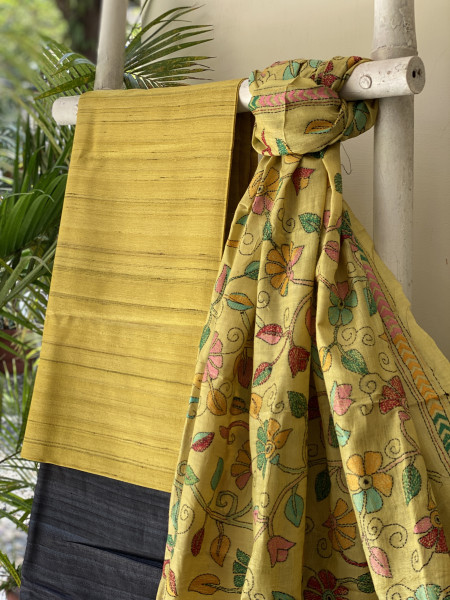 MUSTARD & YELLOW SILK KANTHA EMBROIDERED dupatta  SET