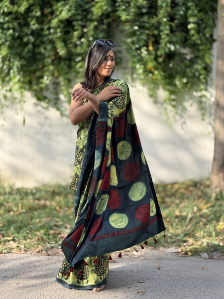 BOTTLE-GREEN MODAL SILK AJRAKH BLOCK PRINT SARI