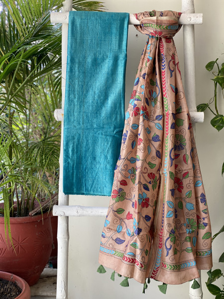 BLUE & PEACH TUSSAR SILK KANTHA EMBROIDERED dupatta  SET