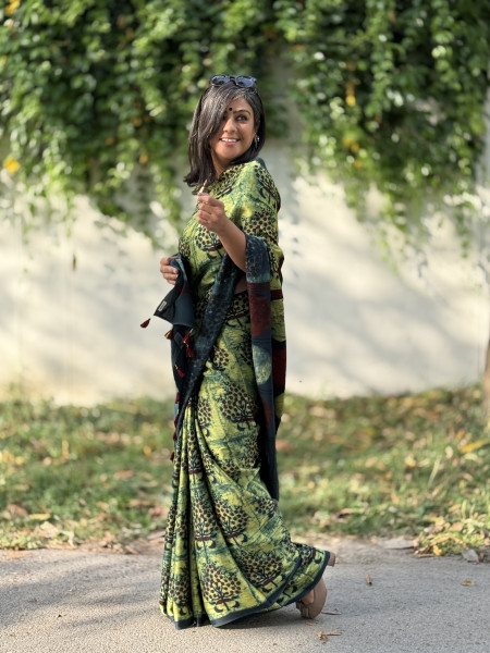 BOTTLE-GREEN MODAL SILK AJRAKH BLOCK PRINT SARI