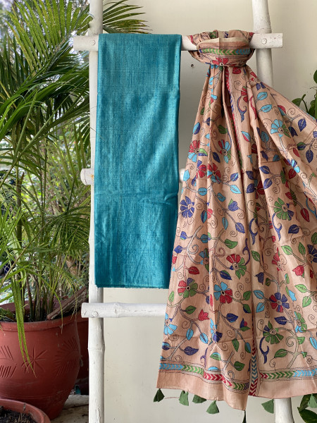 BLUE & PEACH TUSSAR SILK KANTHA EMBROIDERED dupatta  SET