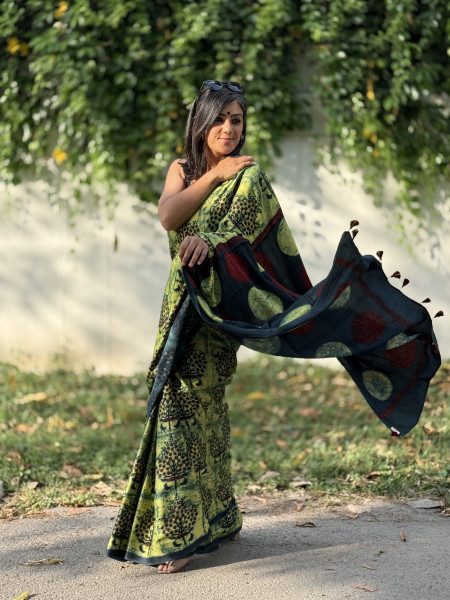 BOTTLE-GREEN MODAL SILK AJRAKH BLOCK PRINT SARI