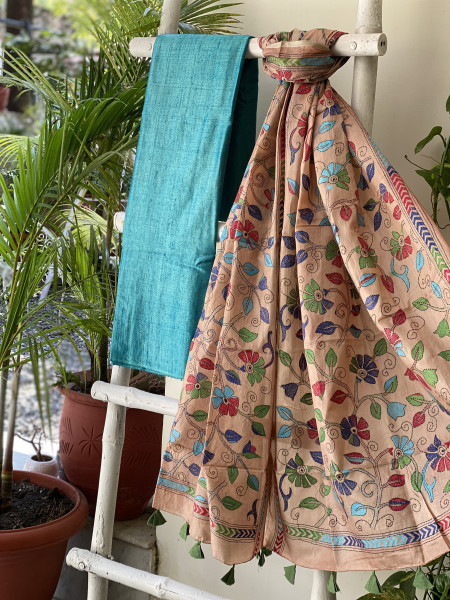 BLUE & PEACH TUSSAR SILK KANTHA EMBROIDERED dupatta  SET