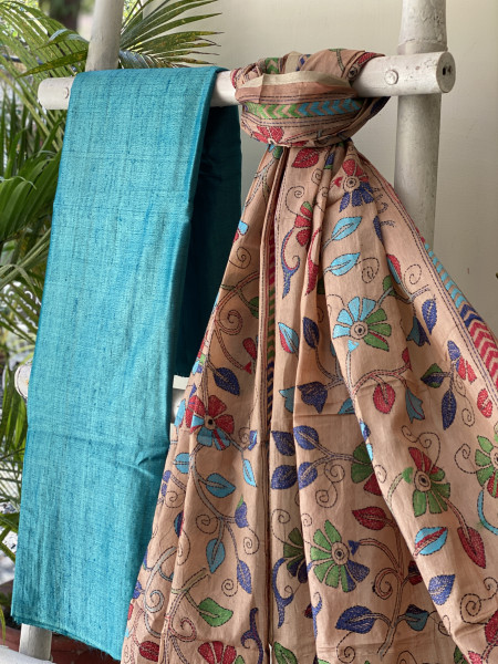BLUE & PEACH TUSSAR SILK KANTHA EMBROIDERED dupatta  SET