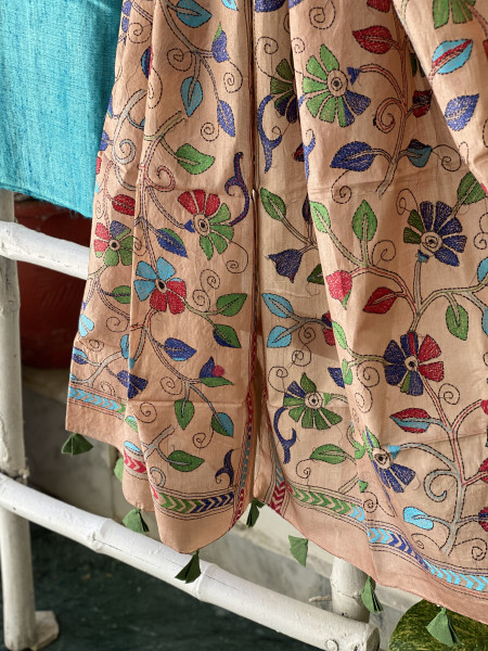 BLUE & PEACH TUSSAR SILK KANTHA EMBROIDERED dupatta  SET