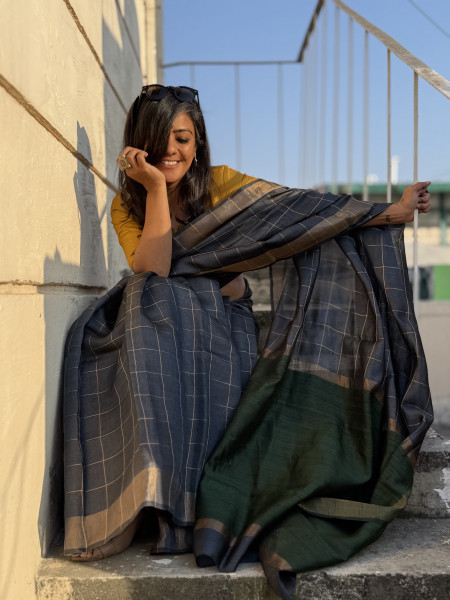 CHARCOAL-GREEN HAND WOVEN TUSSAR SILK SARI