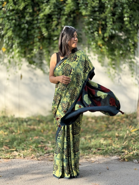 BOTTLE-GREEN MODAL SILK AJRAKH BLOCK PRINT SARI