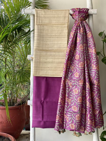 BEIGE & PINK TUSSAR SILK KANTHA EMBROIDERED dupatta  SET