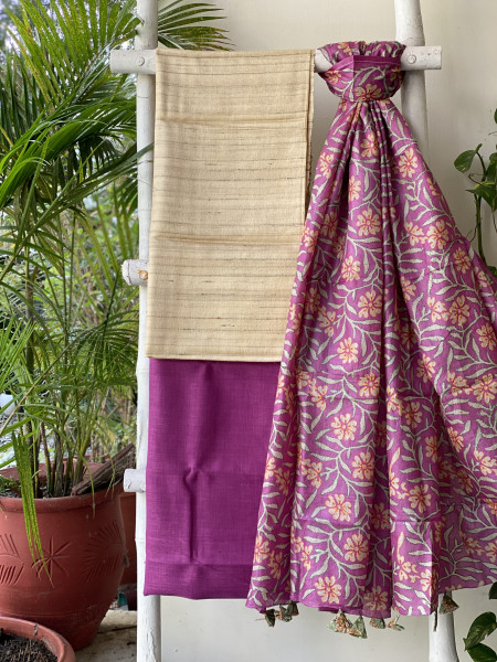 BEIGE & PINK TUSSAR SILK KANTHA EMBROIDERED dupatta  SET