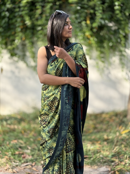 BOTTLE-GREEN MODAL SILK AJRAKH BLOCK PRINT SARI