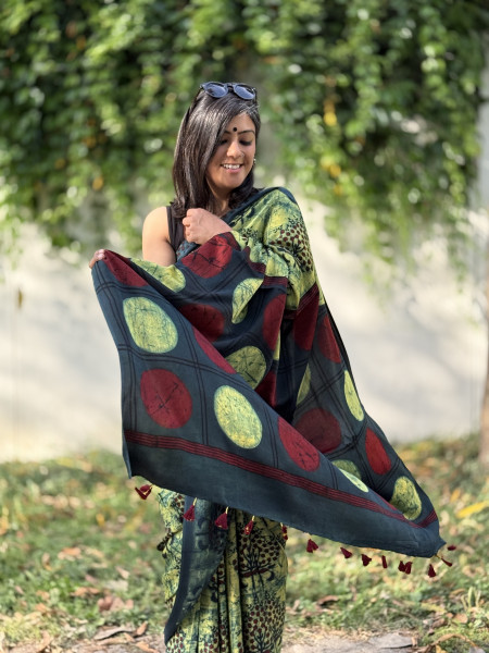 BOTTLE-GREEN MODAL SILK AJRAKH BLOCK PRINT SARI