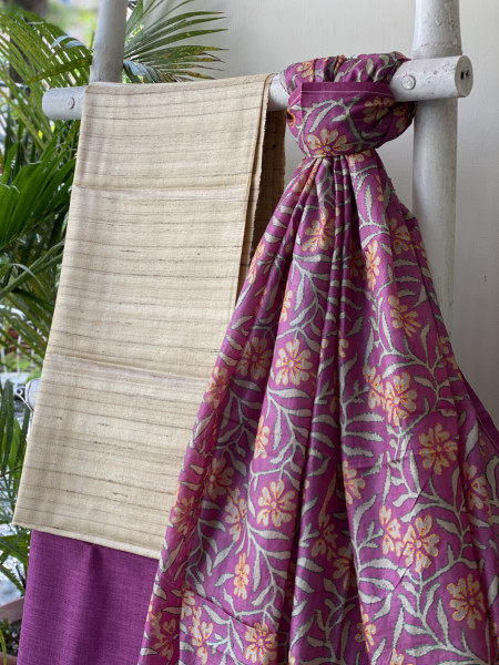 BEIGE & PINK TUSSAR SILK KANTHA EMBROIDERED dupatta  SET