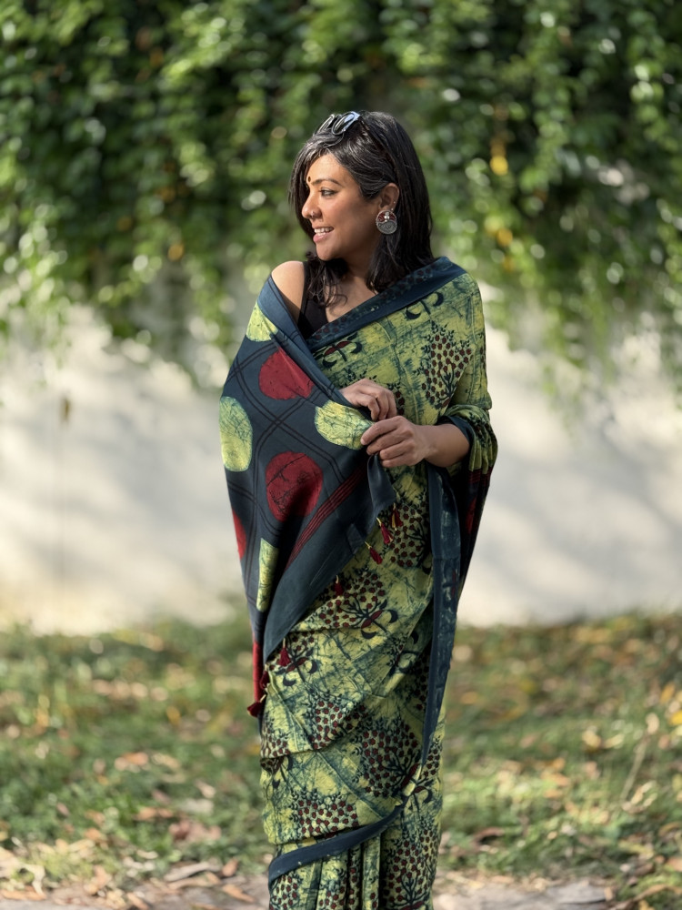 Image of BOTTLE-GREEN MODAL SILK AJRAKH BLOCK PRINT SARI