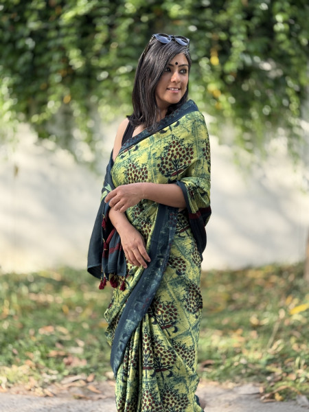 BOTTLE-GREEN MODAL SILK AJRAKH BLOCK PRINT SARI