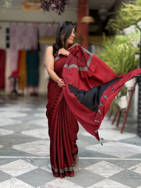 MAROON-BLACK MODAL SILK AJRAKH BLOCK PRINT SARI