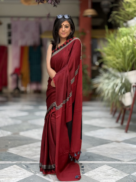 MAROON-BLACK MODAL SILK AJRAKH BLOCK PRINT SARI