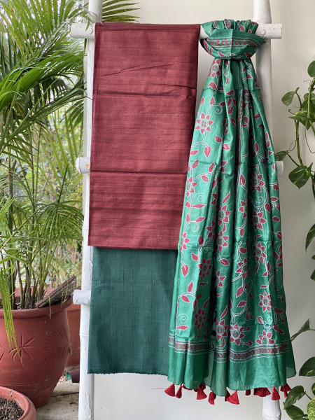 MAROON & GREEN TUSSAR SILK KANTHA EMBROIDERED dupatta  SET