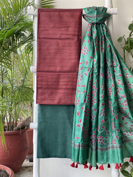 MAROON & GREEN TUSSAR SILK KANTHA EMBROIDERED dupatta  SET