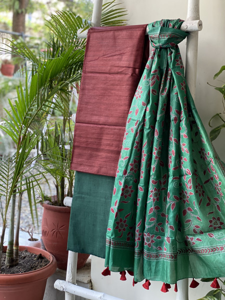 MAROON & GREEN TUSSAR SILK KANTHA EMBROIDERED dupatta  SET