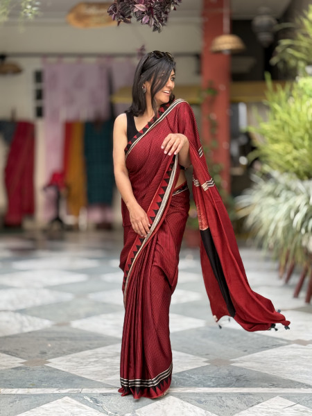 MAROON-BLACK MODAL SILK AJRAKH BLOCK PRINT SARI