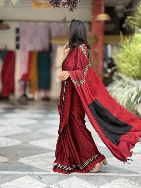 MAROON-BLACK MODAL SILK AJRAKH BLOCK PRINT SARI